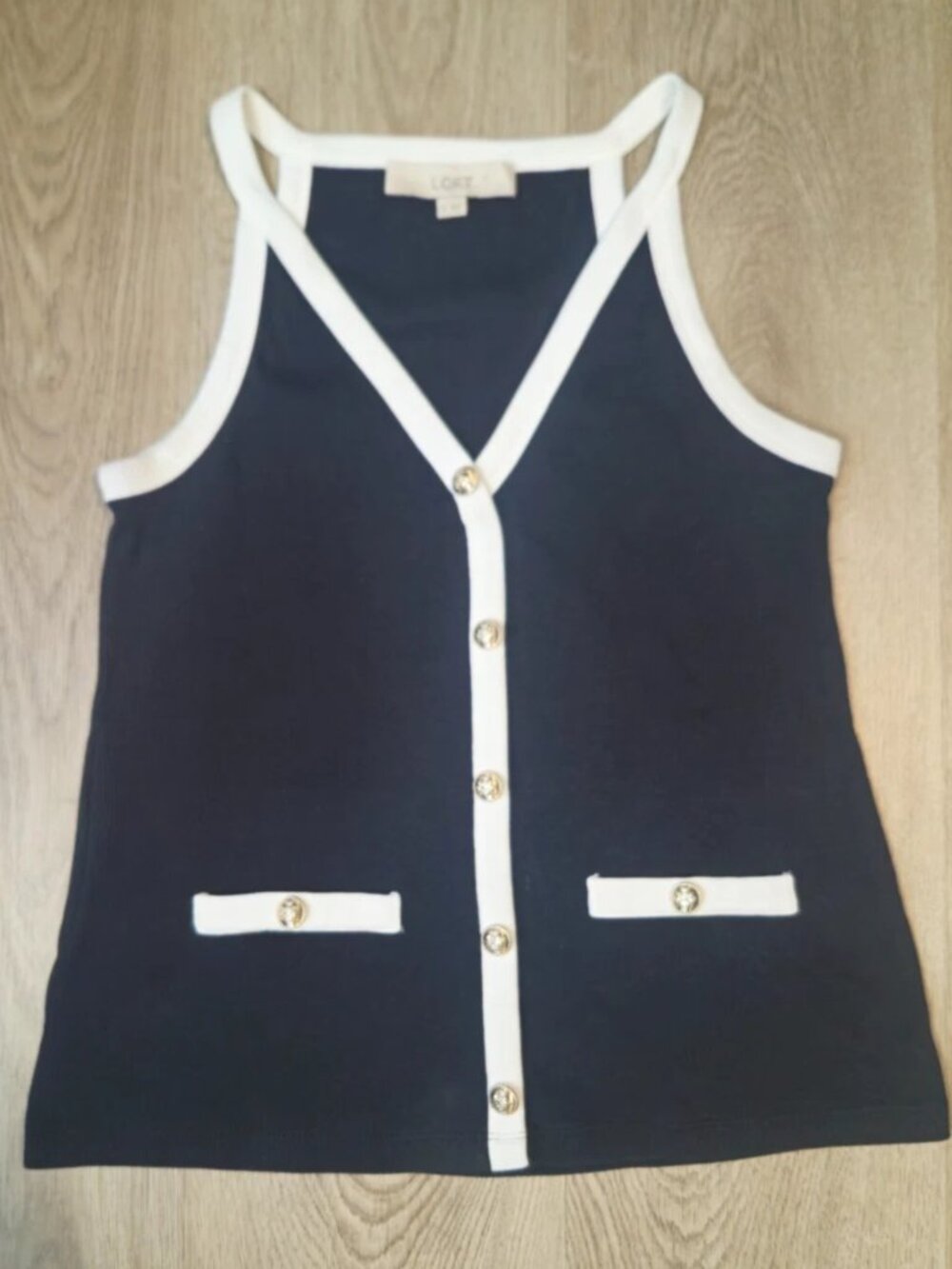 LOFT Ribbed Tank Top M Black White Trim Gold Buttons Preppy Nautical Minimalist